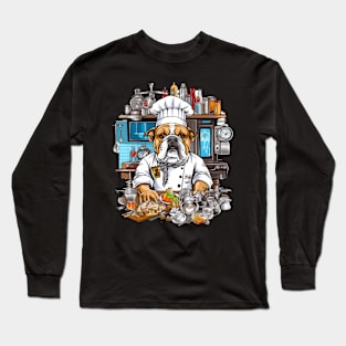 Accountant English Bulldog t-shirt design, a bulldog wearing a chef's hat and holding a kitchen timer Long Sleeve T-Shirt